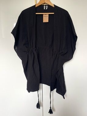 Farwest 100% cotton black cover-up with tie waist O/S